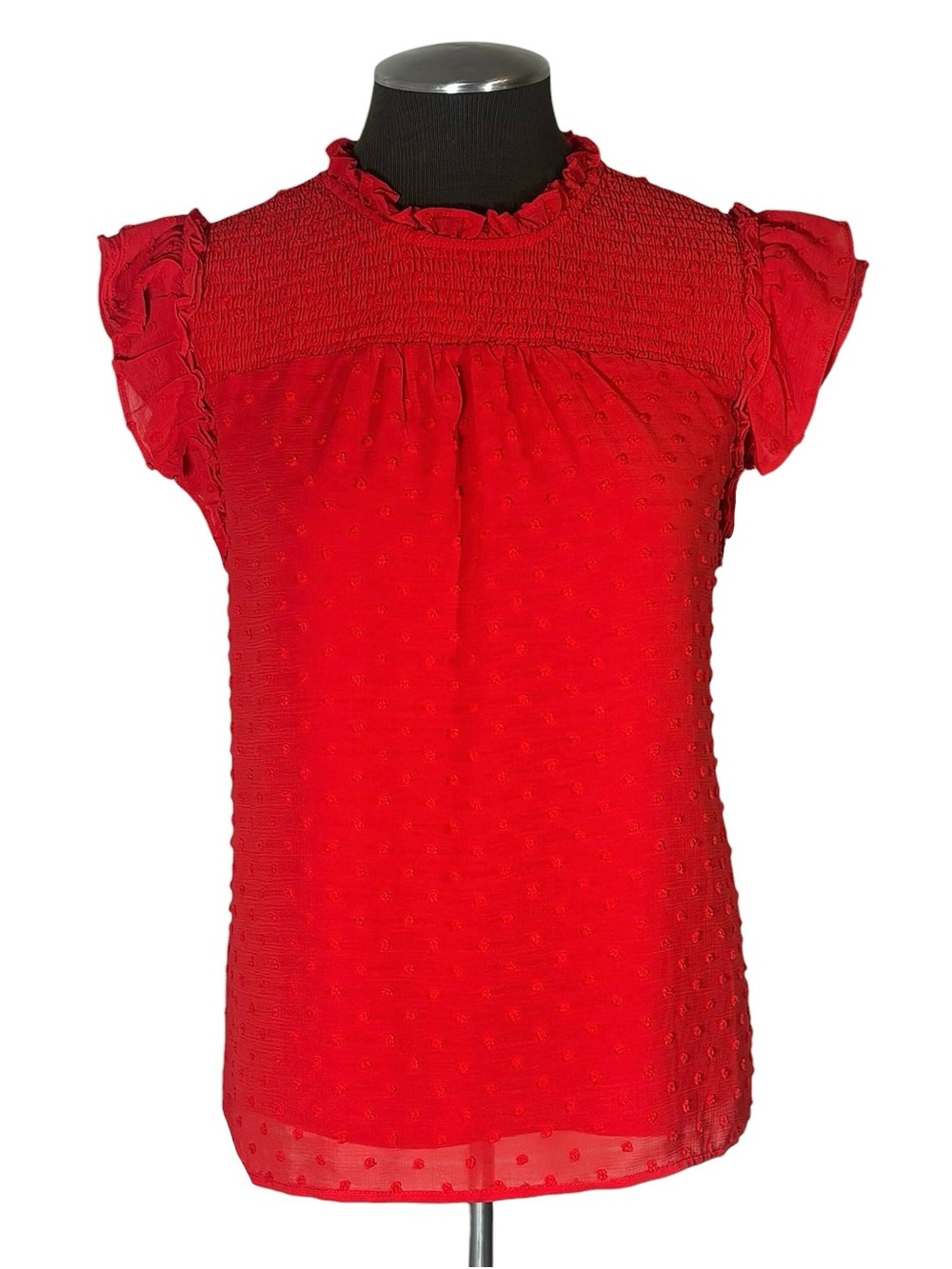 🆕 Cece – Fireball Red Clip Dot Ruffle Flutter Top – Macy’s - Large - Picture 2 of 10